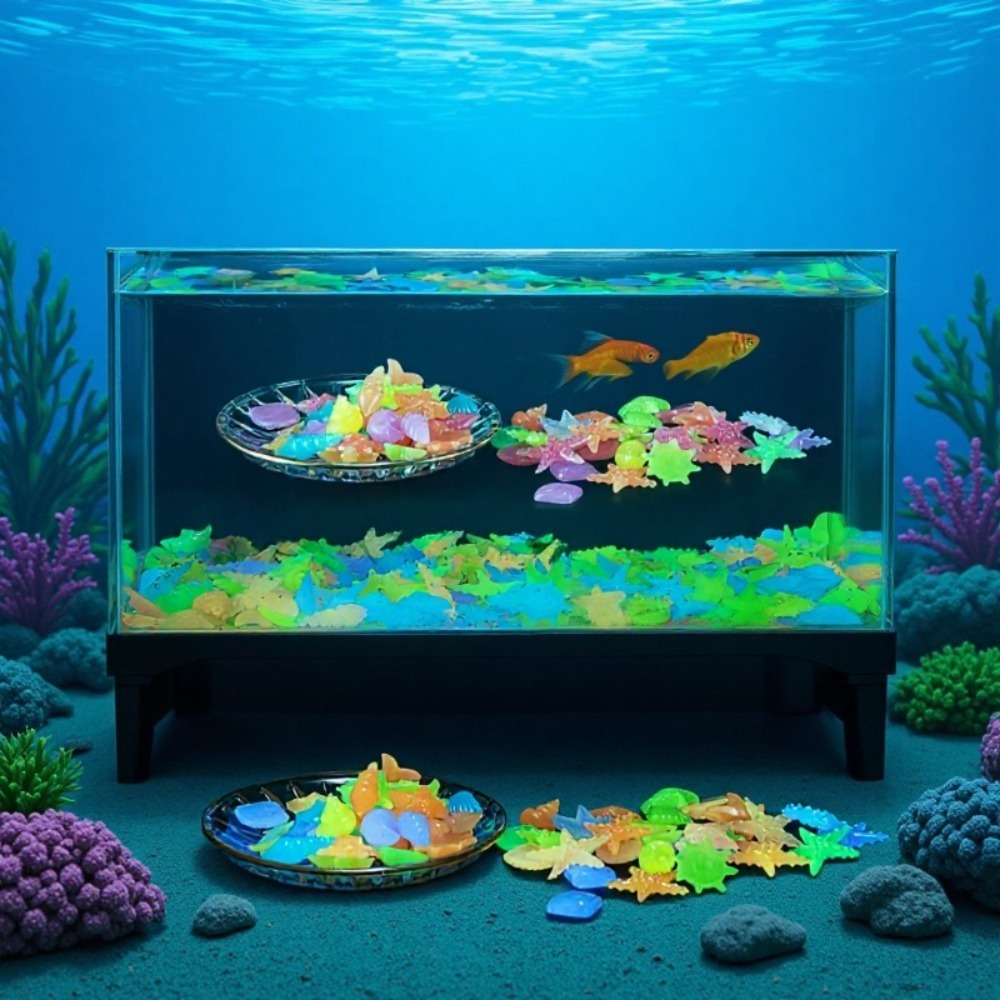 Aquarium Marine Plants - 光る発光海洋石、蛍光貝殻、カラフルなヒトデ、水槽の景観装飾用、暗闇で光る